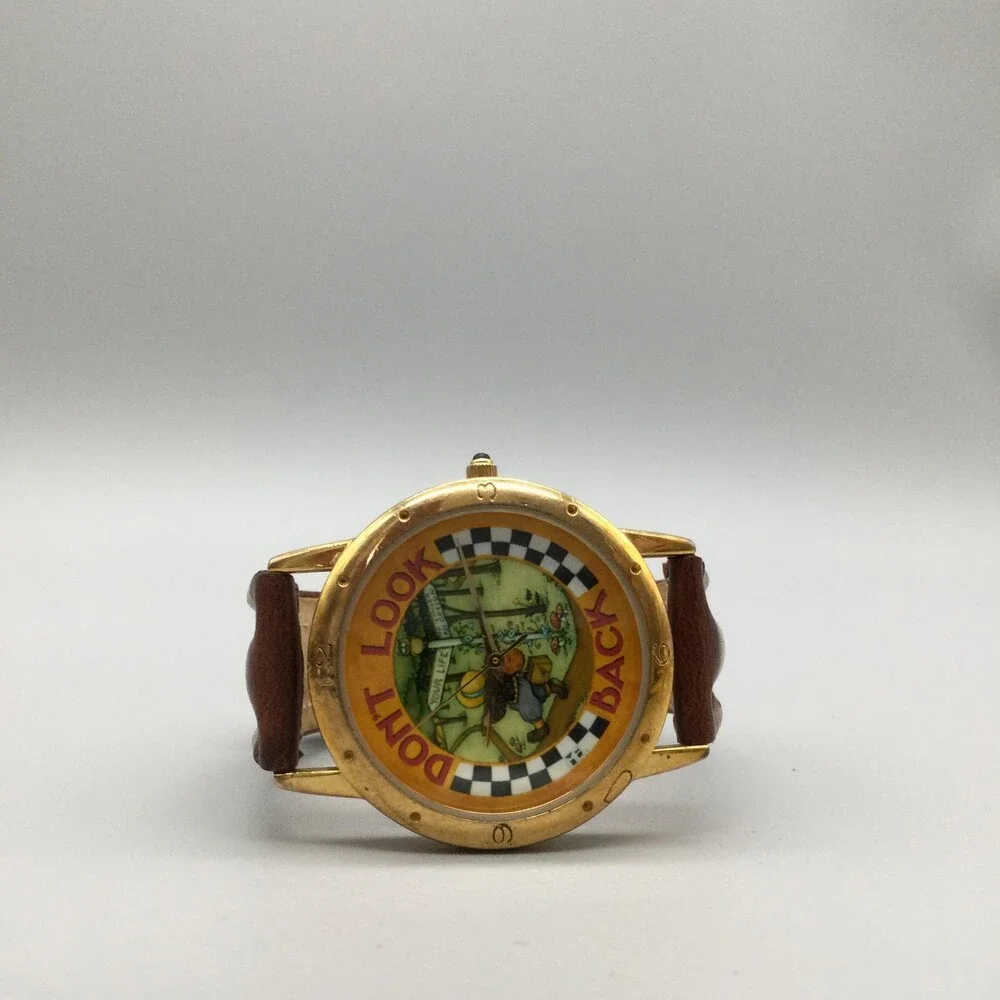 One In A Million Mens Watch 34mm Don't Look Back Gold Tone Leather New Battery